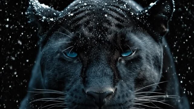 A close-up portrait of a majestic black big cat with striking, glowing blue eyes