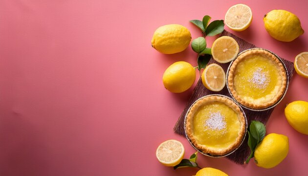 Lemon Pies With Half And Whole Fresh Lemons On Pink Background