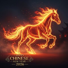 Obraz premium Horse illustration depicts a majestic fiery horse glowing intensely with embers, celebrating Happy Chinese New Year 2026 against a dark background with subtle traditional architecture.