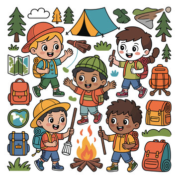 A group of happy children enjoying a camping trip with backpacks and a campfire