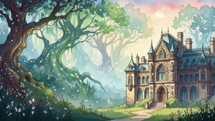 Naklejka premium Fantasy landscape featuring a grand building and vibrant trees illuminated with sunlight