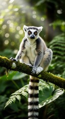 Obraz premium Primate with distinctive ringed tail observes the surroundings while perched upon a mossy jungle branch