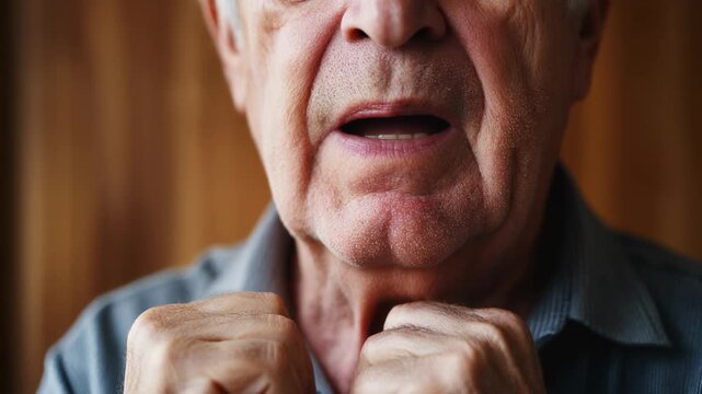 Close-up of elderly man's quivering lip showing strong emotion