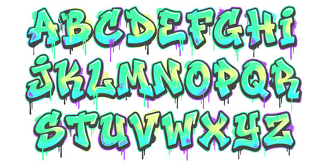 Graffiti style alphabet letters in vibrant green and purple spray paint with dripping effect, full abc set © GraphixEra