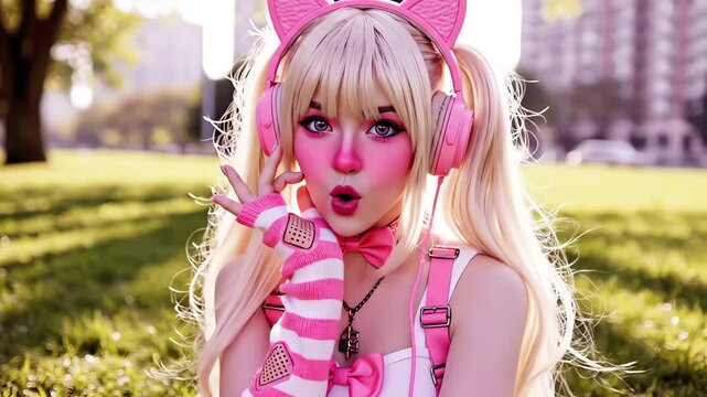 Anime Cosplay Girl Portrait, Pink Kawaii Headphones Fashion, Cute Outdoor Pop Culture Character
