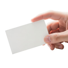 Obraz premium A hand holding a blank white business card ready for writing or printing. isolated on transparent background