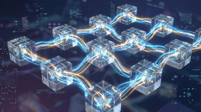 Futuristic blockchain network with translucent cubic blocks linked by energy channels, illustrating digital infrastructure, distributed ledger technology, and secure data exchange