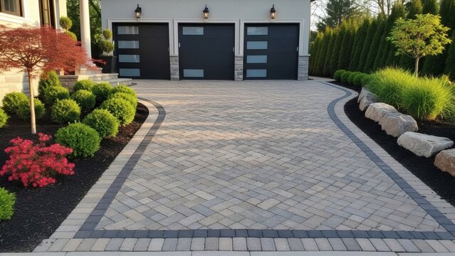 Modern House Driveway with Paved Pathway.