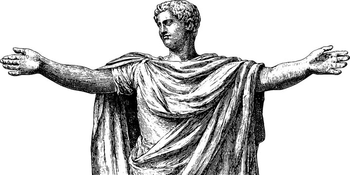 Classical stone statue in contrapposto pose with botanical motifs - vintage design for posters and prints