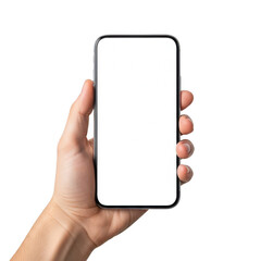 A hand holding a blank smartphone displaying a white screen against a plain background isolated on transparent background