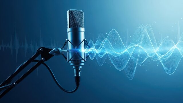 Studio microphone captures glowing blue sound waves against dark background