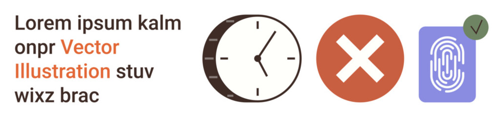 Obraz premium Time management, security systems, identity verification, user authentication, error checking, digital access. A clock, error symbol and fingerprint icon. Time management and security systems