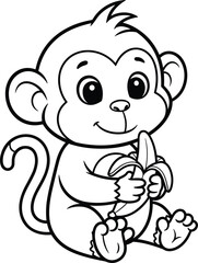Obraz premium Cartoon baby monkey eating banana, cute animal character illustration, playful jungle artwork, children’s design element, cheerful pet mascot, creative graphic