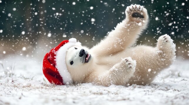 Playful polar bear cub in Santa hat, snowy scene. (1)