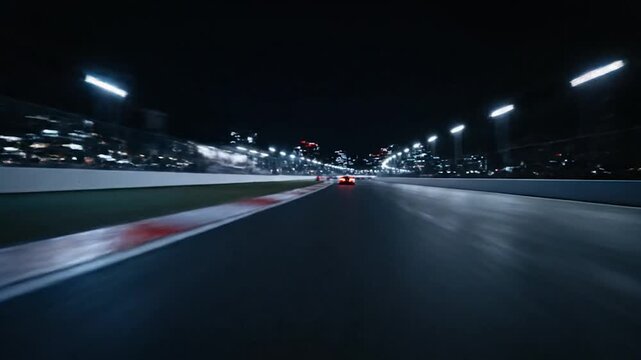 A nighttime race track with a car speeding into the distance, city lights glow in the background