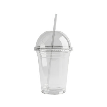 Clear plastic cup with lid and straw for cold beverages on display isolated on transparent background