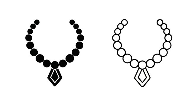 Black pearl necklace with diamond pendant vector icon set, outline and solid fill, isolated on white