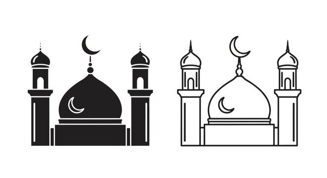 Black silhouette and outline vector mosque icon with crescent moon and minarets, Islamic worship building isolated on white