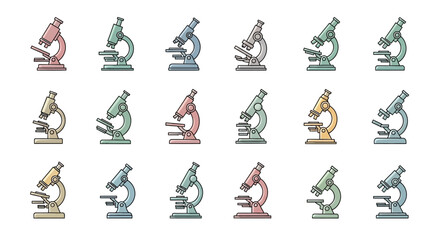 Obraz premium Set of Twelve Colorful Microscopes in Various Hues for Scientific Education and Laboratory Research, isolated white background.