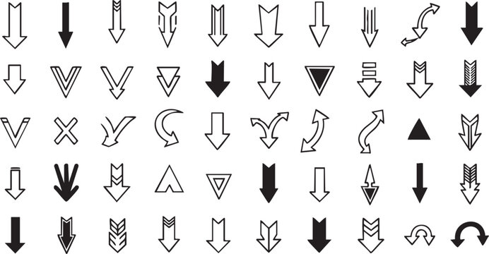 Black and white arrow symbols in various styles and directions for navigation and pointing