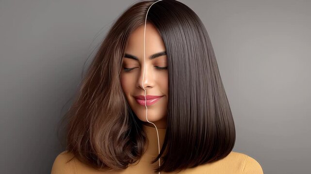 Woman with long, wavy brown hair transitions to sleek, straight black hair, showcasing hair transformation process with visible hair texture differences and smooth finish against a neutral background