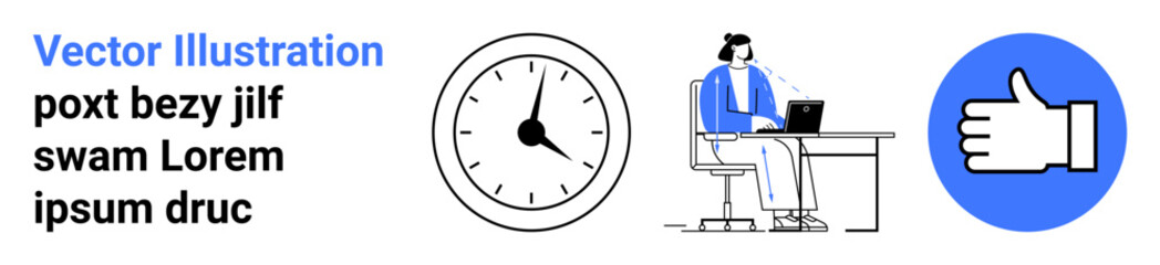 Obraz premium Time management, productivity habits, work-life balance, efficient tasks, approval systems, and business workflow. Clock, employee at desk thumbs-up sign. Time management and productivity concept