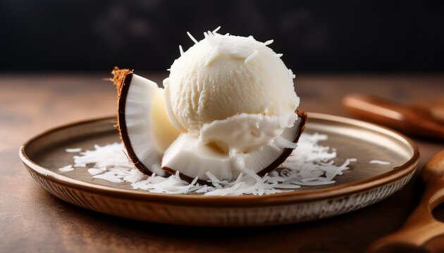 Coconut Ice Cream Delight A Perfect Scoop Of Refreshing Coconut Ice Cream Sits Invitingly On A Unique Plate Against A Soft Backdrop Creating A Visually Appealing Dessert