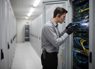 A male technician inspects network switches inside a rack, surrounded by blinking LEDs and wearing an earpiece, with copy space. Keywords: technology, cybersecurity, data infrastructure, industrial