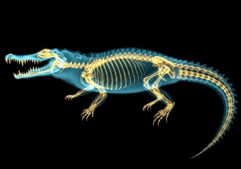 Obraz premium X-ray of an alligator skeleton showing detailed bone structure and teeth against a black background