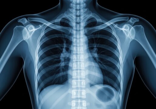 Anatomical X-ray of the human chest showing bones, ribs, spine, and shoulders
