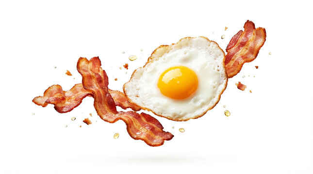 Dynamic image of fried egg and bacon on a white background, for a good breakfast