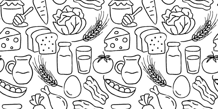 organic food seamless pattern with hand drawn vector sketches of healthy products for craft paper and textile decor