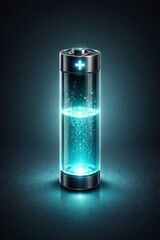 A translucent cylindrical battery standing vertically with a plus sign, half-filled with blue energy.