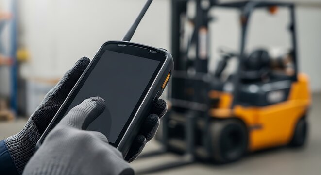 A gloved hand operates a rugged industrial smartphone device in a warehouse with a forklift.