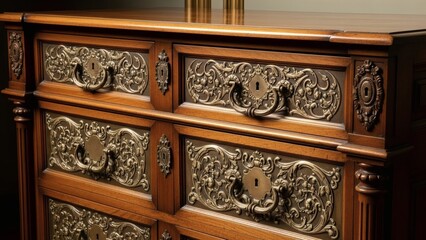 Ornate Wooden Dresser with Metal Handles.