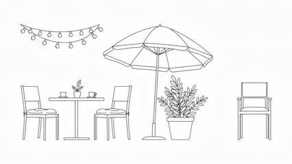 Outdoor cafe furniture and decorations illustration.
