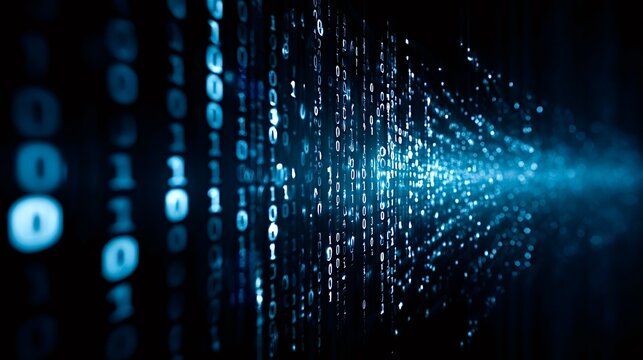 Binary code data streams flowing in dark cyberspace