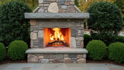 Outdoor Stone Fireplace in a Garden.