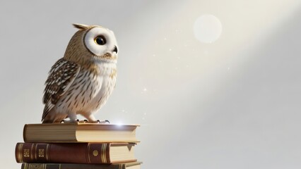Owl perched on stack of old books.