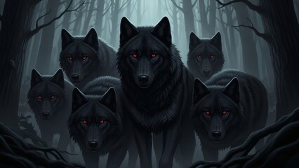 Pack of Wolves in Dark Forest.