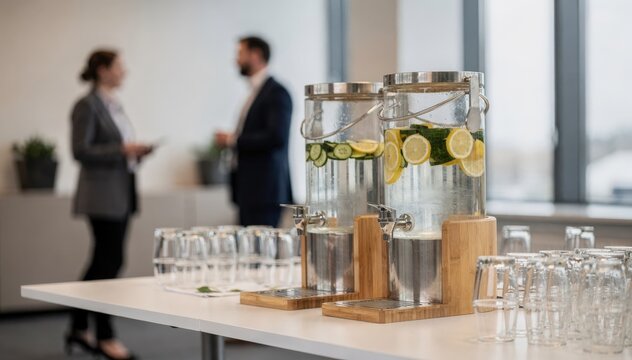 Seminar lunch setup emphasizing ecofriendly drink dispensers and refill stations with blurred participants and minimalist decor visible behind.