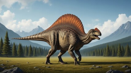 Parasaurolophus Dinosaur Walking in Prehistoric Landscape.