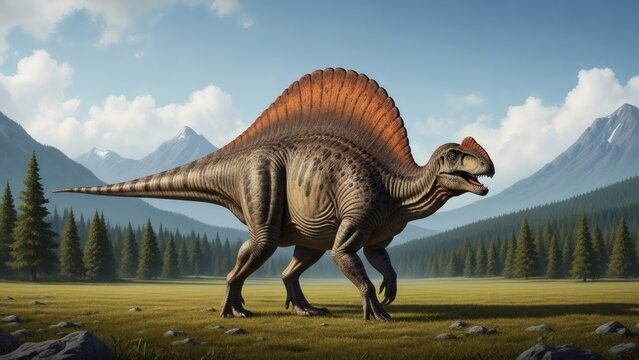 Parasaurolophus Dinosaur Walking in Prehistoric Landscape.