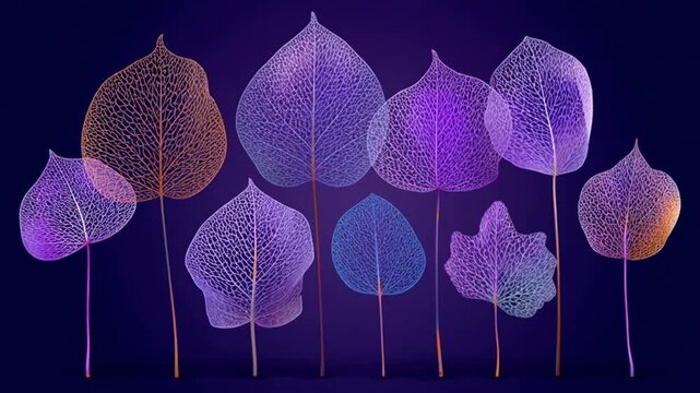 Digitally rendered illustration showcasing stylized leaves with intricate vein structures against a deep blue