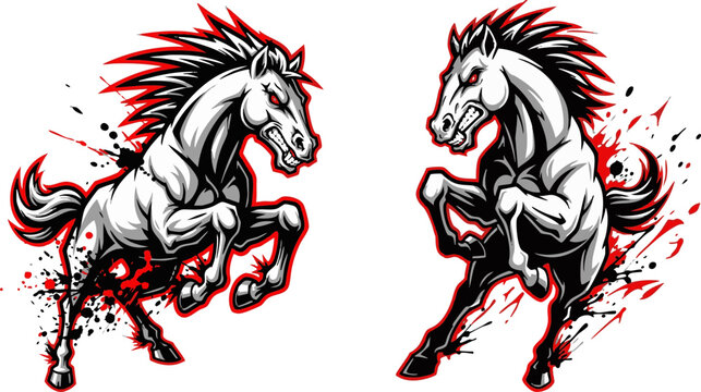 Rearing horse vector illustration with red and black paint splatters, aggressive mustang mascot design, isolated on white