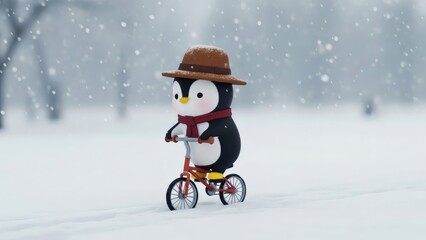 Penguin Riding Bicycle in Snowy Landscape.