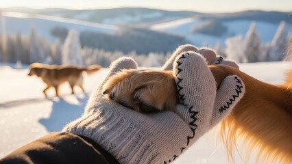Person and Dog Holding Hands in Snowy Landscape.