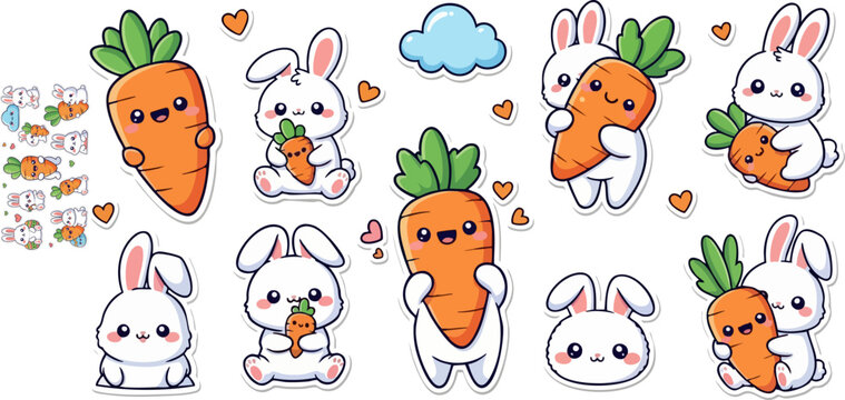 Cute white bunny and carrot vector sticker set with hearts and clouds, kawaii cartoon illustration, isolated on white