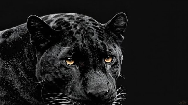 A detailed portrait of a black feline, focusing on its face and intense yellow eyes against a dark background