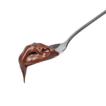 Chocolate spread dripping from metal spoon, isolated on white background. Creamy dark chocolate paste with smooth glossy texture captured in motion, ideal for dessert concepts, baking ingredients